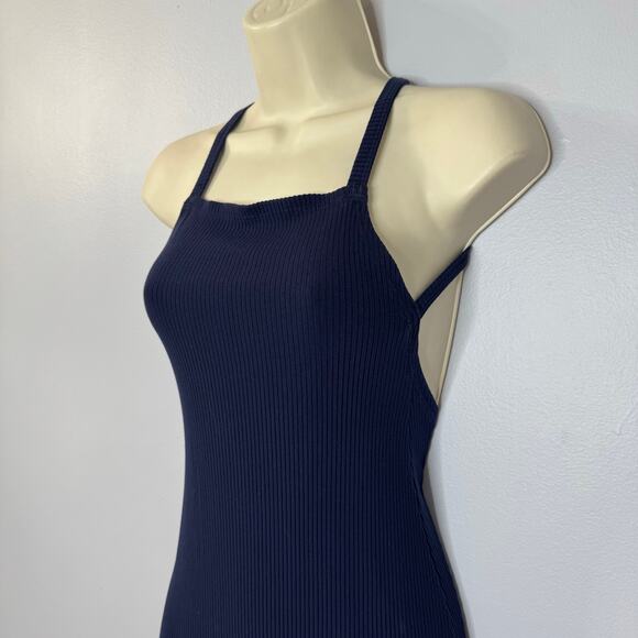 Reformation Navy Blue Ribbed Knit Square Neck Crisscross Open Back Midi Dress XS - Picture 2 of 11